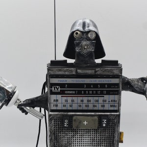 Doll Assemblage &quot;Stay Tuned...&quot; Darth Vader-esque Figure with Flash Cube Calculator Parts on Working Transistor Radio with Antenna