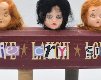 Doll Assemblage "Die Cry Sigh" Wooden Spools Decorative Display Unusual