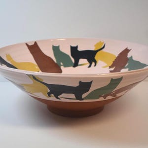 May include: A wide, shallow ceramic bowl with a white interior and exterior featuring a repeating pattern of stylized cat silhouettes in black, brown, yellow, and green. The base of the bowl is unglazed terracotta, showing a natural reddish-brown color.