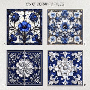 Può includere: Quattro piastrelle in ceramica da 15,24 cm x 15,24 cm con disegni floreali. Le piastrelle presentano schemi di colori blu e bianco con motivi intricati. Il testo "6"x 6" CERAMIC TILES" è nella parte superiore dell'immagine.