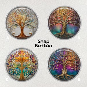 May include: Four round snap buttons with tree of life designs. Each button features a different color scheme: gold, orange, red, and blue. The text "Snap Button" is printed in black. The buttons have a silver metal rim.