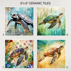 May include: Four 6" x 6" ceramic tiles featuring watercolor illustrations of sea turtles. Each tile showcases a different turtle design with varying color palettes and backgrounds, including floral and musical notes.
