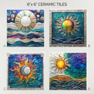 Carrelage décoratif en céramique Sun Moon 6 x 6 po. * Brillant * Dessous de plat * Carrelage d&#39;art mural * Carrelage en céramique