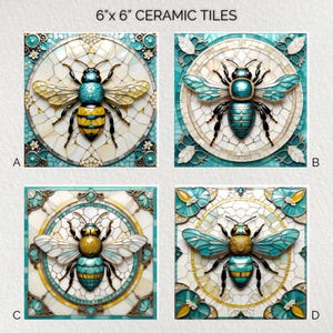 Pode incluir: Quatro azulejos de cerâmica de 15 cm x 15 cm com desenhos de abelhas. Cada azulejo apresenta uma abelha detalhada em tons de verde-azulado, amarelo e dourado, sobre um fundo de mosaico branco e verde-azulado. Os azulejos são rotulados A, B, C e D.
