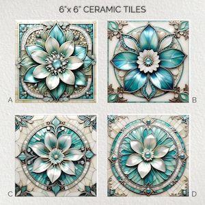 May include: Four 6" x 6" ceramic tiles with floral designs. Each tile features a central flower in shades of teal and white, surrounded by decorative elements. The tiles are labeled A, B, C, and D.