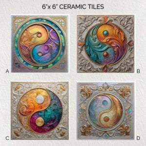 May include: Four 6" x 6" ceramic tiles with a Yin Yang design. Each tile features a different color scheme, including vibrant hues of yellow, purple, teal, and orange. The tiles have ornate, decorative borders and a textured appearance.