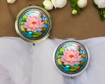 Handmade Pink Lotus Flower Compact Mirror * Silver or Bronze