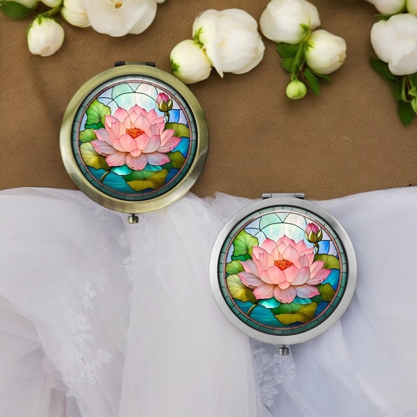Handmade Pink Lotus Flower Compact Mirror * Silver or Bronze