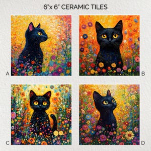 Puede incluir: Cuatro baldosas de cerámica de 15 cm x 15 cm con gatos negros en un entorno floral colorido. Los gatos tienen ojos amarillos y están rodeados de flores vibrantes. El fondo es un tono dorado cálido, con el texto "6" x 6" CERAMIC TILES".