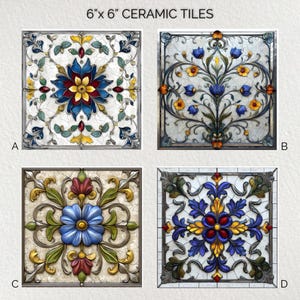 May include: Four 15cm x 15cm ceramic tiles with detailed floral patterns. Each tile showcases a unique design with blue, yellow, red, and green hues. The tiles have a decorative border and are suitable for home decor.
