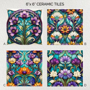 Art Nouveau Flowers Ceramic Decorative Tile 6x6 * Glossy * Trivets * Tile Wall Art * Ceramic Tile