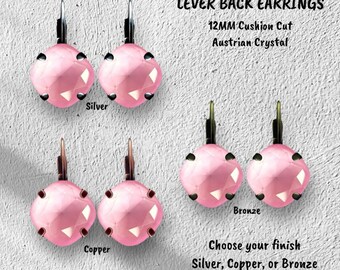 Light Pink Austrian Crystal Lever Back Earrings - 12mm Cushion Cut