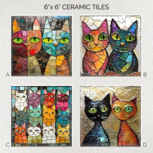 Puede incluir: Cuatro baldosas de cerámica de 15 cm x 15 cm con diseños de gatos en mosaico. Las baldosas presentan gatos coloridos en varias poses y combinaciones de colores, incluyendo rosa, naranja, verde y azul. El texto "6" x 6" CERAMIC TILES" está en la parte superior.
