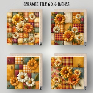 May include: Four square ceramic tiles measuring 6 x 6 inches, each featuring a patchwork background of orange, yellow, and white checkered patterns with illustrations of daisies, sunflowers, and small bees labeled A, B, C, and D.