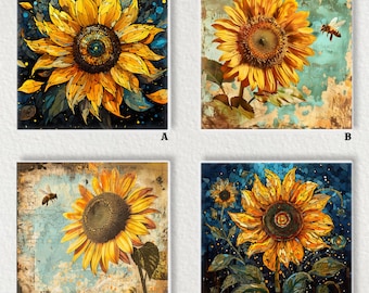 Pode incluir: Quatro impressões de arte quadradas com girassóis. Cada impressão mostra um estilo artístico diferente, com pétalas amarelas vibrantes e centros escuros. Algumas impressões incluem abelhas, tudo sobre fundos texturizados com tons azuis e castanhos.