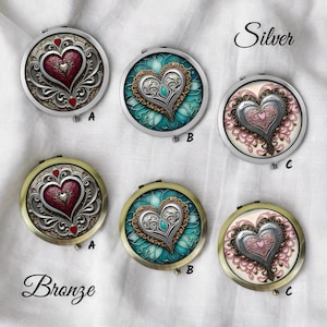 Hearts Compact Mirror * Silver or Bronze- Makeup Pocket Mirror - Bridal Shower Gift | Birthday Gift | Christmas Gift