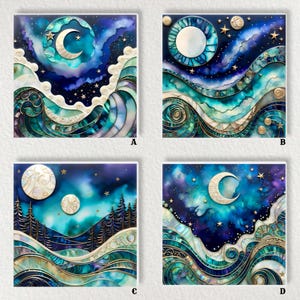 May include: Four square art prints featuring celestial themes. Each print showcases a night sky with a crescent moon, stars, and swirling, textured waves in shades of blue, teal, and gold. The prints are labeled A, B, C, and D.