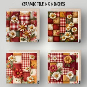 May include: Four square ceramic tiles, each 15.24 x 15.24 cm, featuring a patchwork design of red and white gingham squares interspersed with floral patterns, daisies, sunflowers, and small bees. Each tile is labelled with a letter A, B, C, or D.