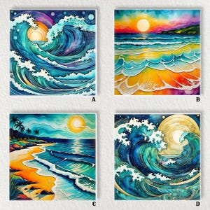 May include: Four square watercolor paintings of ocean scenes. Each features a vibrant sunset and stylized waves in shades of blue, teal, yellow, orange, and purple. The paintings depict crashing waves, beaches, and the sun setting over the water.