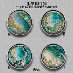 May include: Four 18mm round snap buttons labeled A, B, C, and D. Each button features a circular design with teal, gold, and white colors, depicting ocean waves, sandy beaches, and seashells. The text reads SNAP BUTTON FITS INTO ANY INTERCHANGEABLE JEWELRY BASE.