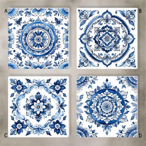 May include: Four square ceramic tiles with intricate blue and white floral designs. Each tile features a unique pattern, including circular and symmetrical floral arrangements. The tiles are ideal for home decor, adding a touch of elegance.