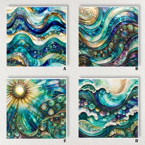 Puede incluir: Cuatro piezas de arte abstracto cuadradas con temática marina. Cada una presenta patrones arremolinados en tonos de azul, verde azulado y dorado, con detalles y texturas intrincados. Los diseños evocan olas, luz solar y escenas submarinas, creando una sensación de profundidad y movimiento.
