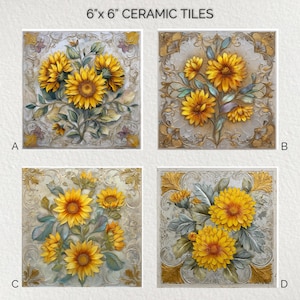 May include: Four 6" x 6" ceramic tiles with floral designs. Each tile features a different arrangement of yellow flowers with green leaves against a light background. The tiles are labeled A, B, C, and D.