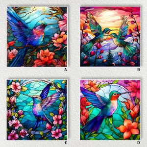 May include: Four square art prints featuring colorful hummingbird designs. Each print showcases a different hummingbird scene with vibrant colors and floral elements. The artwork is reminiscent of stained glass, with bold lines and rich hues of blue, red, and orange.