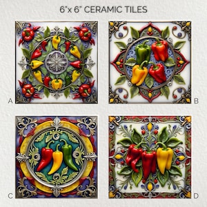 Puede incluir: Cuatro baldosas de cerámica de 15x15 cm con diseños de pimientos. Cada baldosa presenta una disposición diferente de pimientos rojos, amarillos y verdes, rodeados de bordes decorativos y follaje. Las baldosas son cuadradas y tienen un acabado brillante.