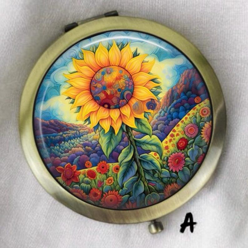 Handmade Sunflowers Compact Mirror Silver or Bronze Makeup Pocket
