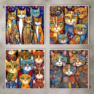 May include: Four square art prints featuring colorful, stylized cat portraits. Each print showcases multiple cats with vibrant patterns in shades of blue, orange, yellow, and green. The cats have large eyes and unique designs.