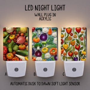 May include: Three LED night lights with acrylic panels, each featuring a different vegetable design. The text "LED NIGHT LIGHT" and "WALL PLUG IN ACRYLIC" are displayed above the lights. The text "AUTOMATIC DUSK TO DAWN SOFT LIGHT SENSOR" is below the lights.