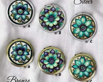 Miroir floral compact - Miroir de maquillage argenté ou bronze, format voyage
