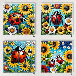 May include: Four square ceramic tiles with mosaic backgrounds. Each tile features a red and black ladybug surrounded by sunflowers, daisies, and other flowers. The backgrounds are blue mosaic patterns.