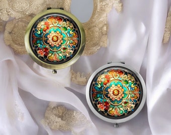 Handgemachter Mandala Taschenspiegel * Silber oder Bronze