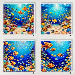 May include: Four square art prints featuring vibrant underwater scenes. Each print showcases colorful fish, coral, seashells, and starfish against a blue mosaic background. The artwork evokes a sense of the ocean's beauty and marine life.