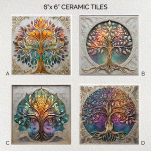 Puede incluir: Cuatro baldosas de cerámica de 15 cm x 15 cm con diseños de árbol de la vida. Cada baldosa presenta un diseño de árbol colorido con detalles intrincados. Las baldosas están enmarcadas con un borde decorativo. El texto "6" x 6" CERAMIC TILES" está en la parte superior.