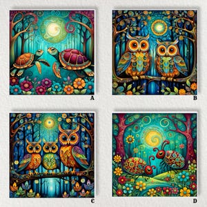 May include: Four square art prints depicting fantastical forest scenes. Each print features vibrant colours and whimsical creatures: turtles, owls, and ladybirds. The artwork is set against a backdrop of trees, flowers, and a glowing moon, creating a magical atmosphere.