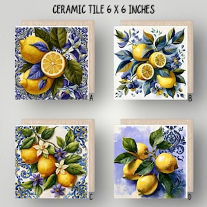 May include: Four square ceramic tiles measuring 6 x 6 inches, each featuring a distinct illustration of yellow lemons, green leaves, and blue floral accents. The designs include intricate patterns, botanical arrangements, and decorative motifs.