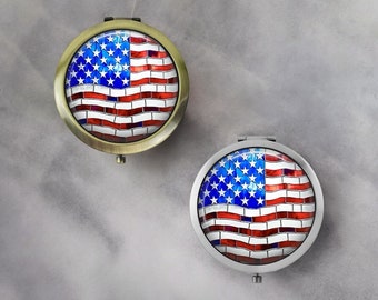 Handgemachter USA Flagge Taschenspiegel * Silber oder Bronze