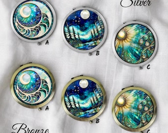 Espejo de bolsillo Moon: compacto de maquillaje plateado o bronce - Diseño Celestial
