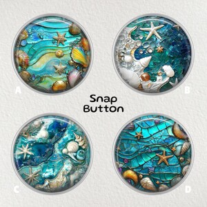 May include: Four round snap buttons with ocean-themed designs. Each button features a different arrangement of seashells, starfish, and waves in shades of blue, turquoise, and gold. The text "Snap Button" is in the center.