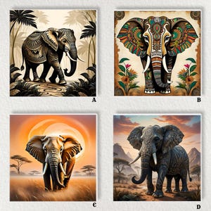 Puede incluir: Cuatro impresiones artísticas cuadradas con ilustraciones de elefantes. Cada impresión muestra un estilo artístico diferente, incluyendo patrones detallados, colores vibrantes y fondos de paisajes. Los elefantes se representan en varias poses, ofreciendo una colección diversa para la decoración de paredes.