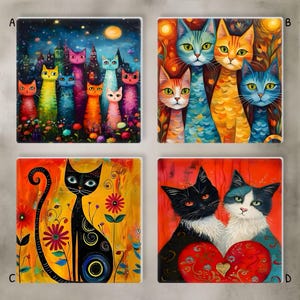 May include: Four square ceramic coasters with colorful cat art. Each coaster features a different cat-themed design: a cityscape with cats, a group of cats, a black cat with flowers, and two cats with a heart.