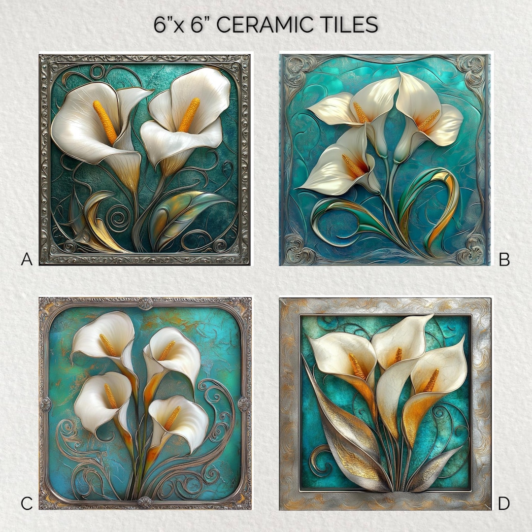 Art Nouveau Calla Lily Ceramic Tile: Glossy Decorative Trivet (6x6