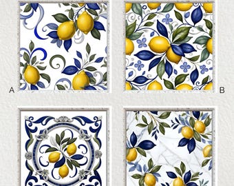 Azulejo de cerámica de limón hecho a mano: Arte mural brillante, salvamanteles (6x6)