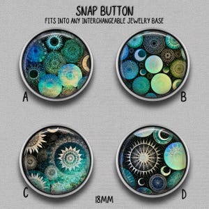 May include: Four circular 18mm snap buttons labeled A, B, C, and D. Each button features a distinct celestial-themed graphic print with shades of blue, green, and gold, showcasing sun, moon, and mandala patterns on a dark background.