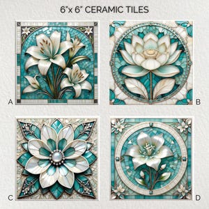 May include: Four 6x6 inch ceramic tiles with floral designs. The tiles feature white flowers with teal and white mosaic backgrounds. The text "6"x6" CERAMIC TILES" is at the top.