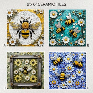 Bee Ceramic Tile Art: Glossy Decorative Tile, Trivet, Wall Decor (6x6")