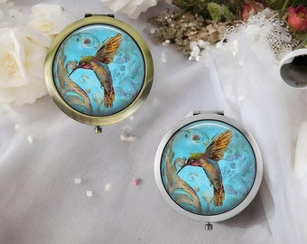 Handgefertigter Kolibri-Kompaktspiegel * Silber oder Bronze